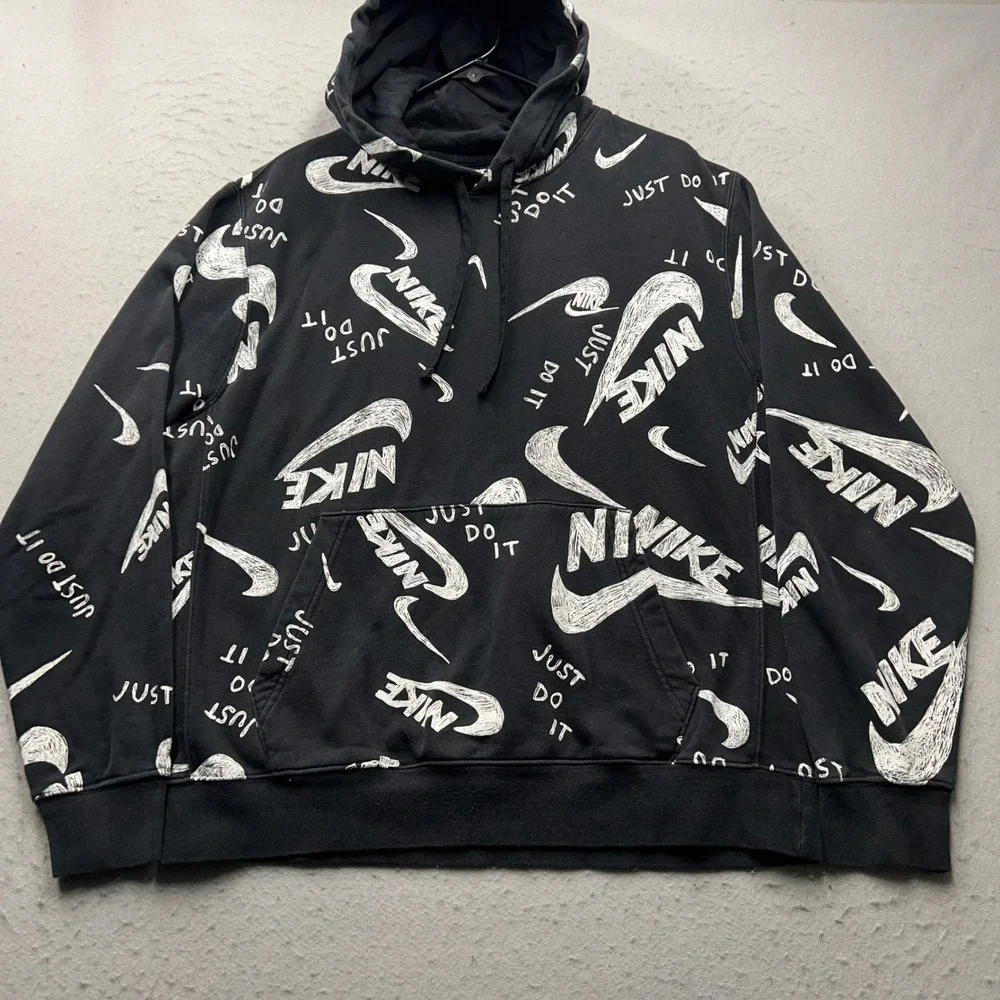 Nike Mens Hoodie Large Black White All Over Print Just Do It Swoosh Pullover